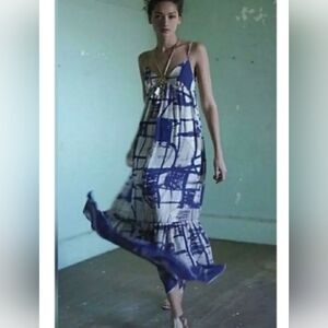 Anthropologie Isabella Sinclair Blue & Cream Abstract Tiered Maxi Dress Size 6